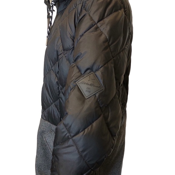 EDDIE BAUER Two-Tone Black Quilted Down Upper Grey Wool Lower Faux Fur Hood Coat - Picture 10 of 16